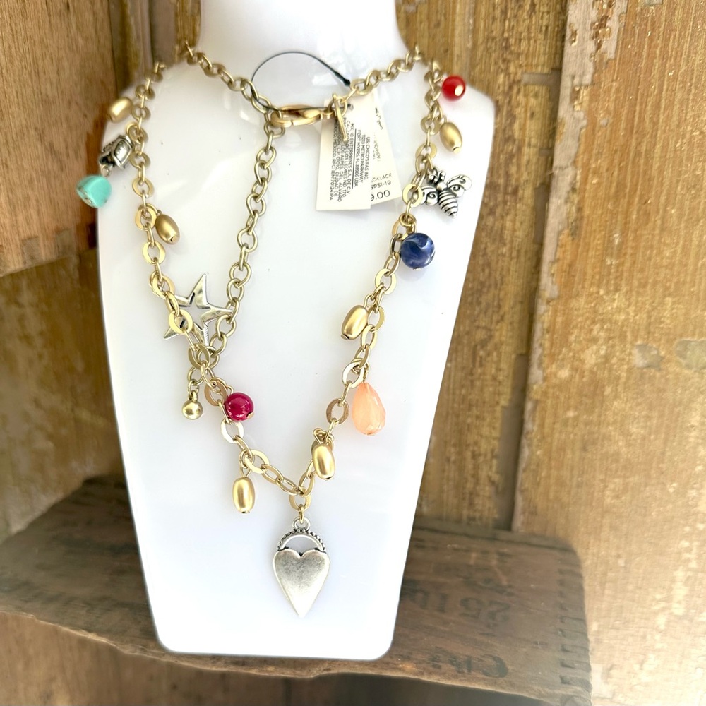 Chico's Matte Gold Charm Necklace Heart Star Bee Bug Beads NWT